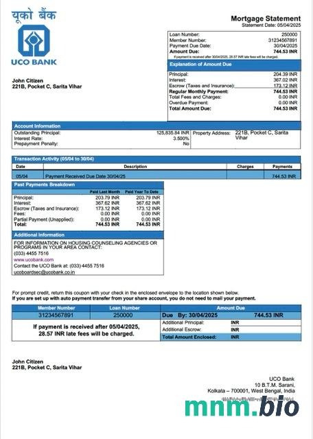 Indie Bank UCO wyciąg z kredytu hipotecznego szablon Word i PDF